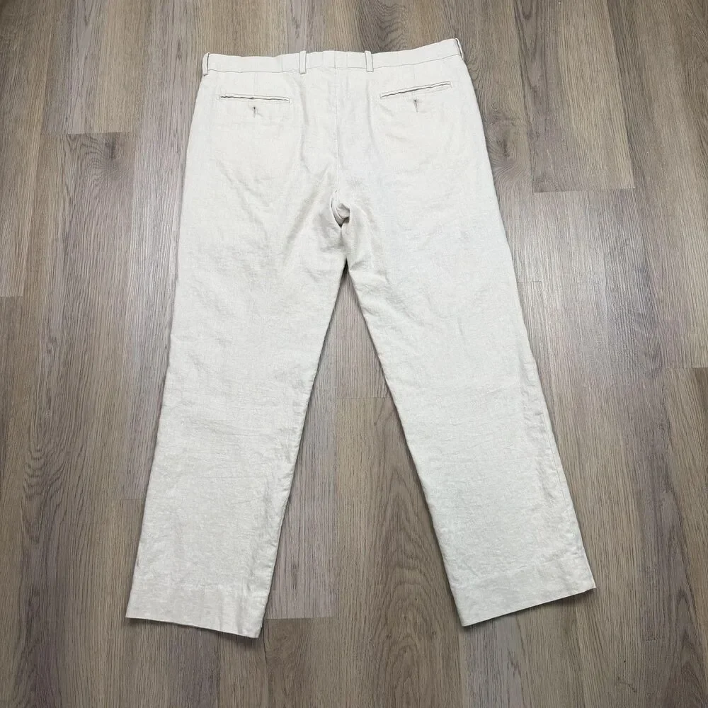 Brioni Dress Pants Mens 38 Beige Linen Flat Front Belted Straight Leg Italy